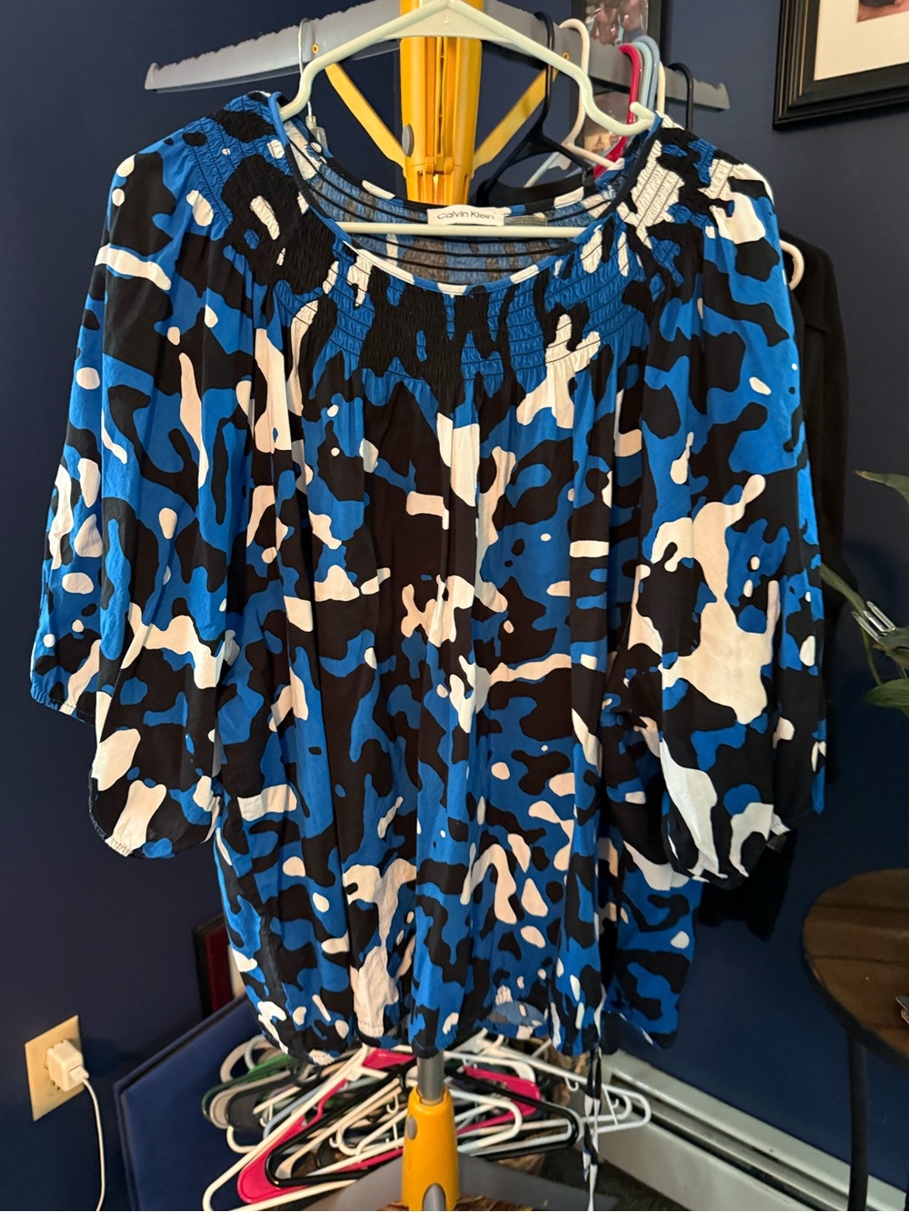 Calvin Klein Black Blue White Abstract Peasant Tunic